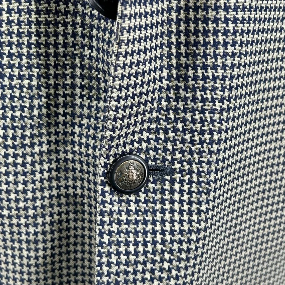 Mens Vintage Sport Coat Navy Tan Houndstooth Wool‎ Blazer Italy Galliani 48 50
